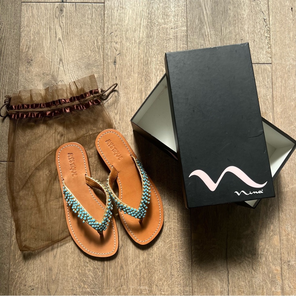 Mystique Tan Sandals Flip-Flops with Turquoise Beads